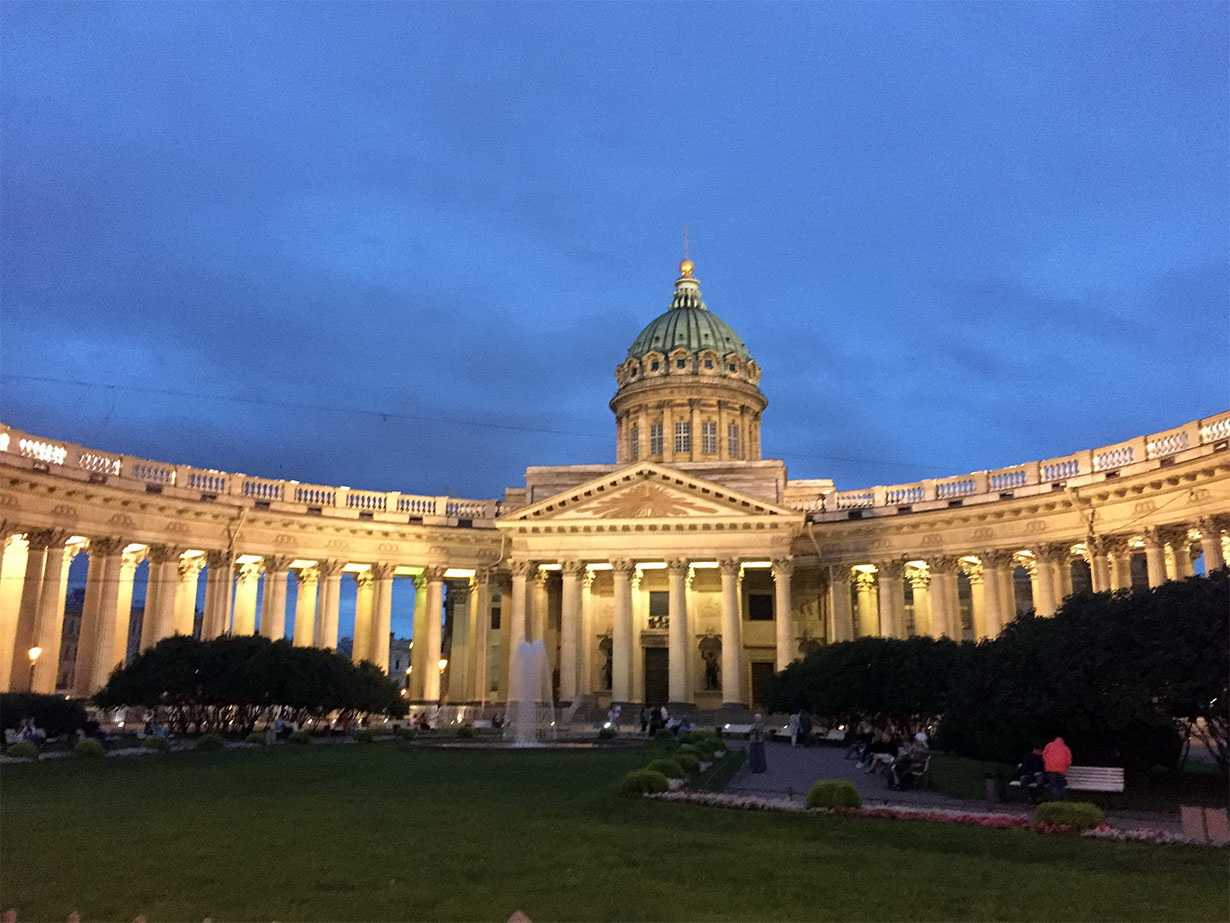 Kazan Cathedral has a very beautiful architecture and is related to the Orthodox Church. It contains the most venerated icon in Russia.